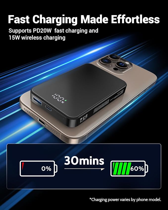 for Magsafe Portable Charger, Aluminum Alloy Small 10000mAh 20W PD Magnetic Power Bank, USB-C in&Out Wireless Battery Pack Phone Charger for iPhone 16/15/14/13/12 Plus Pro Max Series -Black