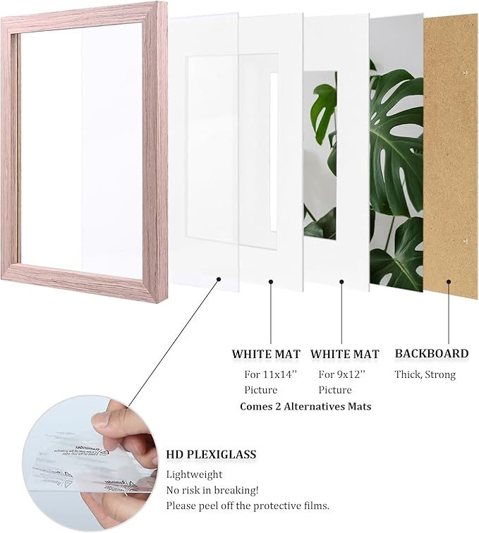 Egofine 12x16 Picture Frame Made of Solid Wood, Display Covered by Plexiglass, Display Pictures 9x12/11x14 with Mat or 12x16 Without Mat for Wall Mounting, Peach Pink
