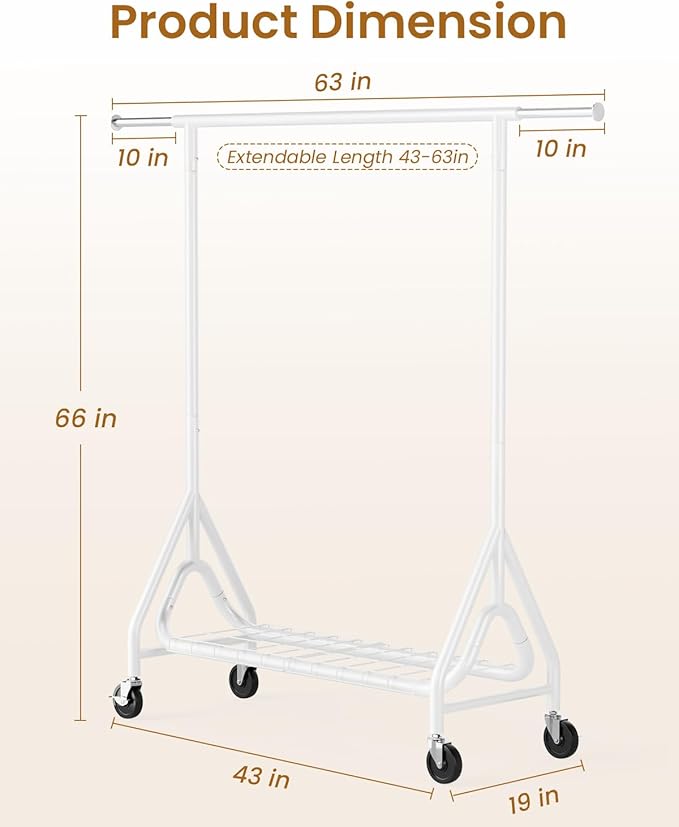 Heavy Duty Clothes Rack, Metal Clothing Rack Load 450 LBS, Rolling Coat Racks for Hanging Clothes with Lockable Wheels, Wardrobe Closet Garment Racks for Bedroom, White