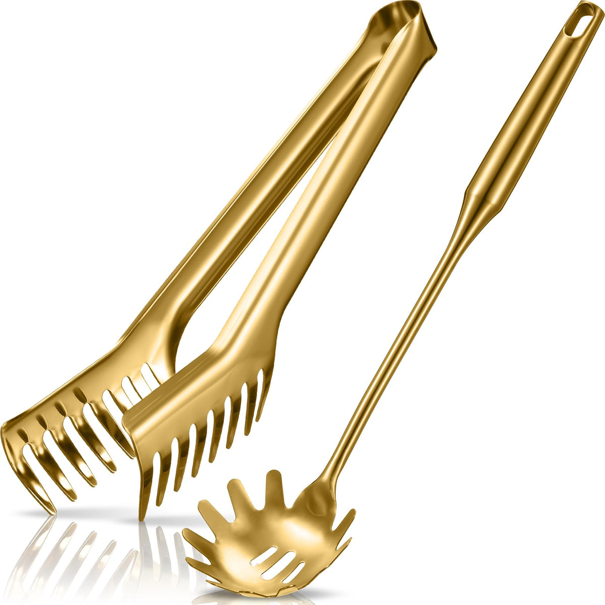 Patelai Stainless Steel Spaghetti Spoon and Pasta Tongs Set, Long Handle Noodle Server Tools with Drain Holes, Non-slip Grip for Cooking, Serving Pasta and Noodles(Black)