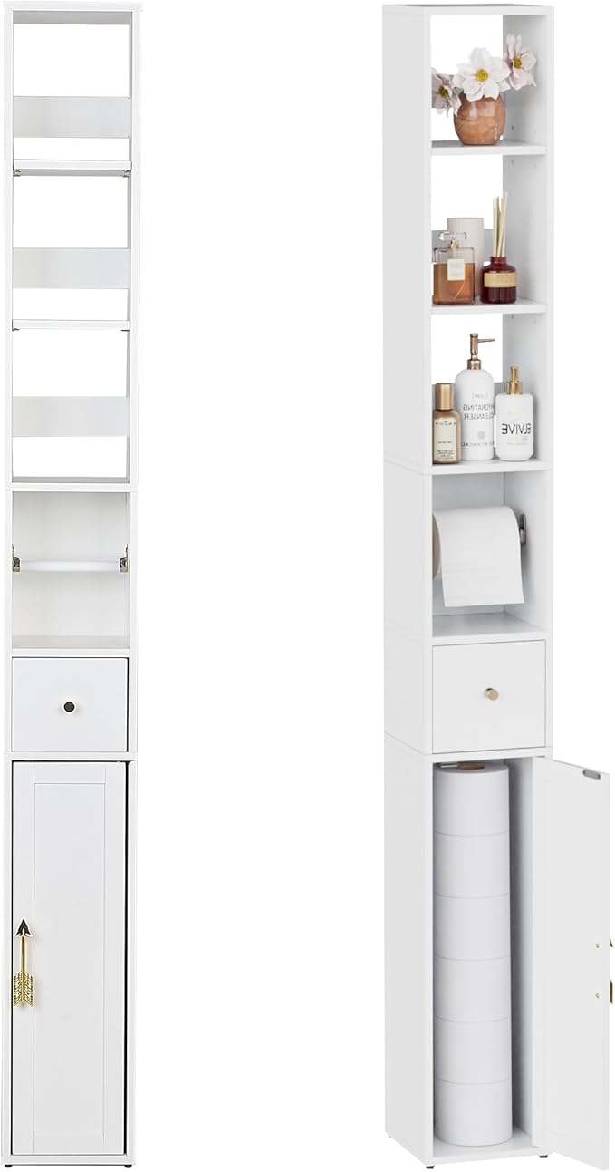 VECELO Narrow Bathroom Storage Cabinet with 3 Adjustable Shelves, 67" Tall Freestanding Cabinet with Toilet Paper Holder, Slim Tower Cabinet with Magnetic Door & Drawer, for Small Spaces, White