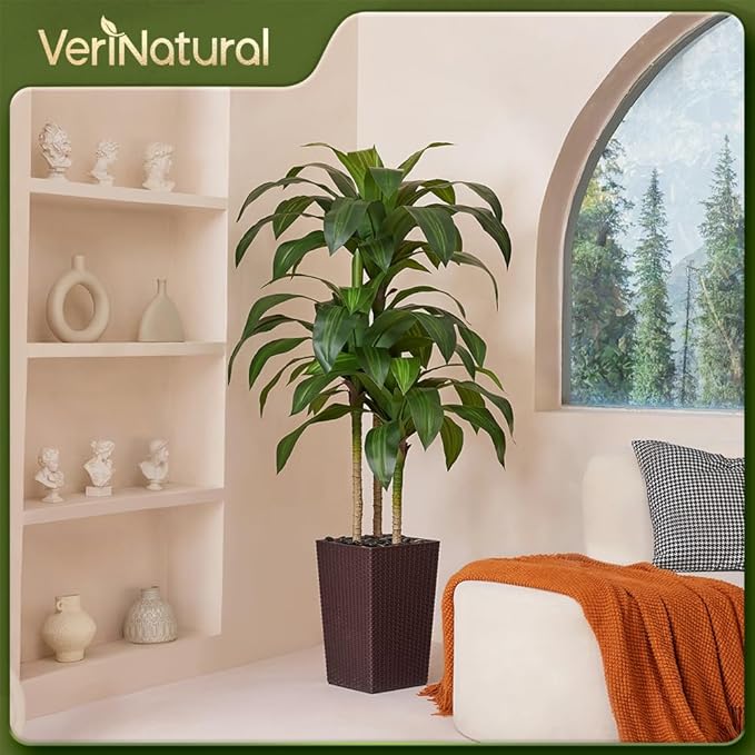 Artificial Dracaena Tree 5FT - Fake Tree with Brown Taper Planter & Pebbles - UV Resistant Faux Yucca Tropical Plant - Artificial Trees for Home Office Living Room Decor Indoor Outdoor