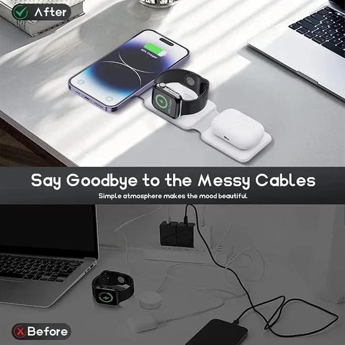 Foldable 3 in 1 Fast Charging Pad Desktop Wireless Charger for iPhone 17 16 15 14 13 12 Pro Max iWatch 10 9 8 7 6 AirPods Pro 2 (Black)