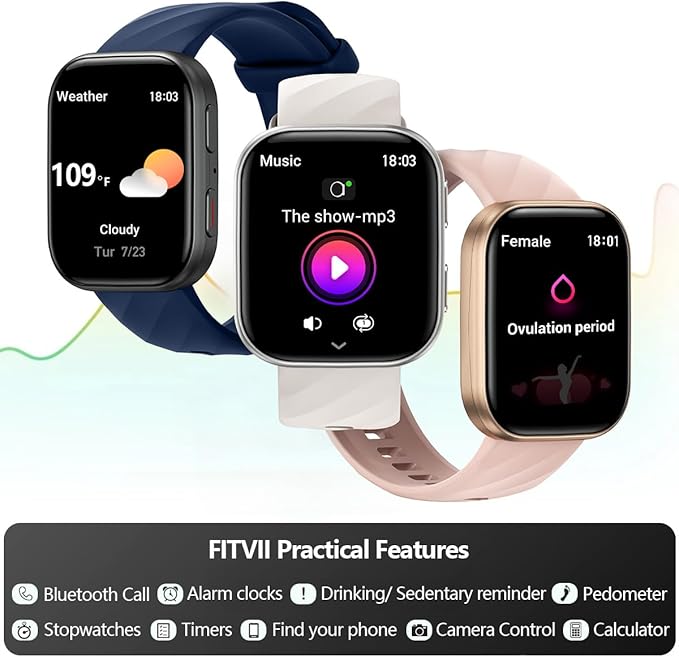 FITVII Health & Fitness Tracker (Answer/Make Calls), Smart Watch with 24/7 Heart Rate and Blood Pressure, Sleep Tracking, Blood Oxygen Monitor, 120+ Sport Modes Activity Tracker for Women Men