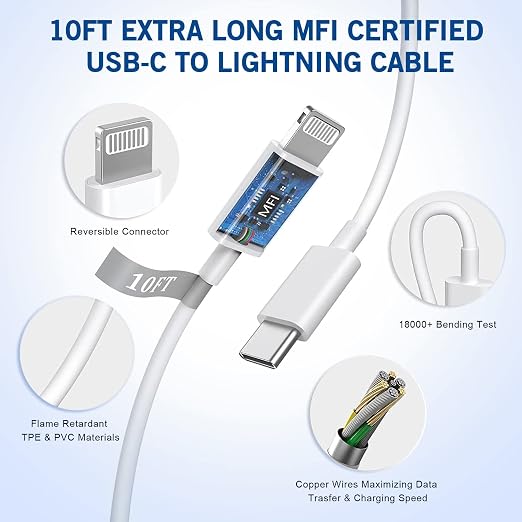Fast iPhone Charger [MFi Certified] 2Pack 10FT Extra Long Quick USB C to Lightning Cable Cords + 20W PD USB C Charger Block Fast iPhone Charging Adapter for iPhone 14 Pro Max/Plus/13/12/11/XS/XR/X/SE