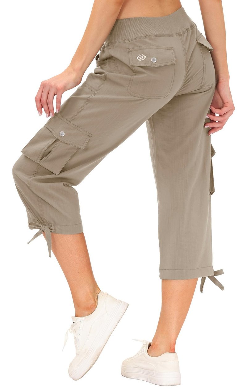 MoFiz Women's Hiking Cargo Shorts Quick Dry Lightweight Athletic Capri Pants for Camping Jogger with Pockets Khaki