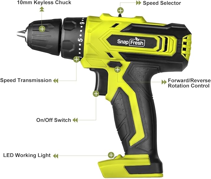 SnapFresh Cordless Drill, 20V Power Drill Set with 2 Variable Speed, 21+1 Torque Setting, Lightweight, LED, 43pcs Drill Bits, Impact Drill Set for Home, DIY (Battery & Charger Not Included)