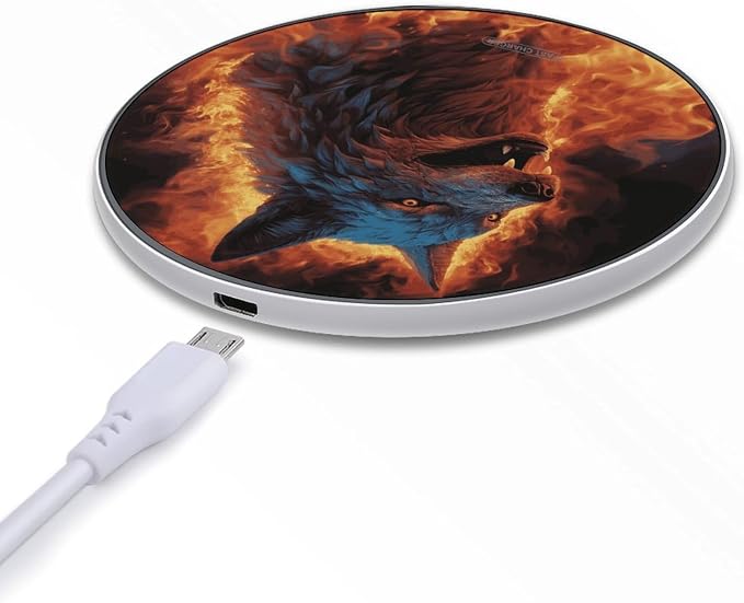 Wolf Surrounded by Fire Wireless Charger with Aluminum Alloy Frame Qi Certified Fast Wireless Charging Pad 10W Charging Station Portable Phone Charger for All Wireless Charging Phone