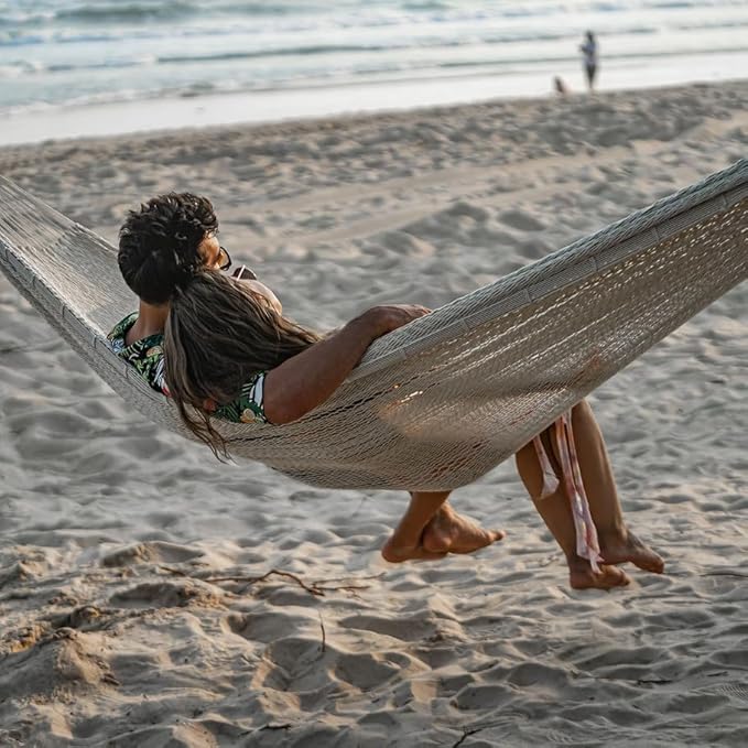 LazyDaze Hammocks Handwoven Outdoor Double Rope Mayan Hammock Bed, Tree Hammocks with Stand for Outside Patio Indoor Bedroom, hamacas para adultos, Beige