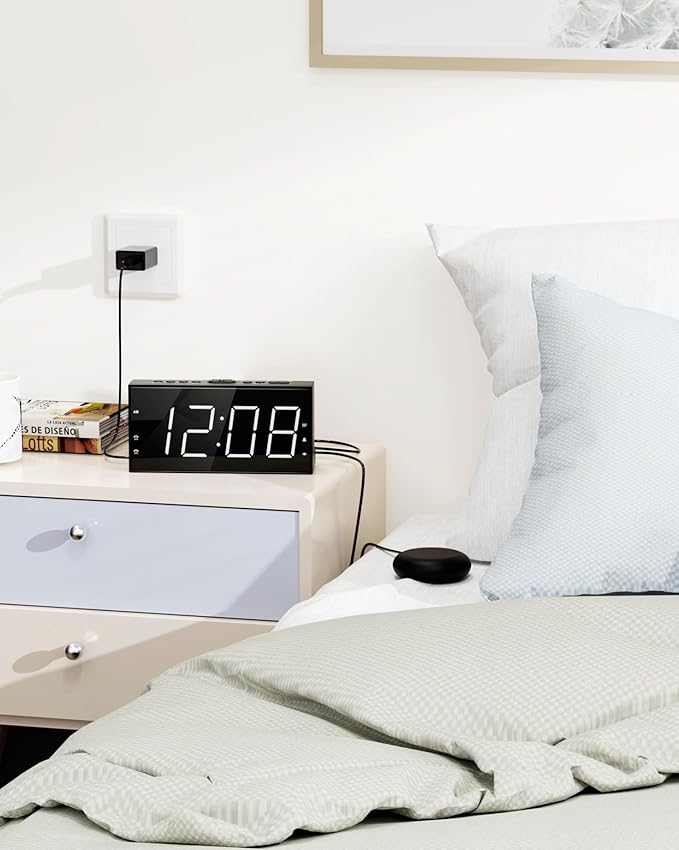 Loud Alarm Clock with Bed Shaker for Heavy Sleeper, Dual Vibrating Alarm Clock with USB Charger for Hard of Hearing/Deaf, 7.5’’ Large LED Display with Dimmer, Snooze, 12/24H & Battery Backup