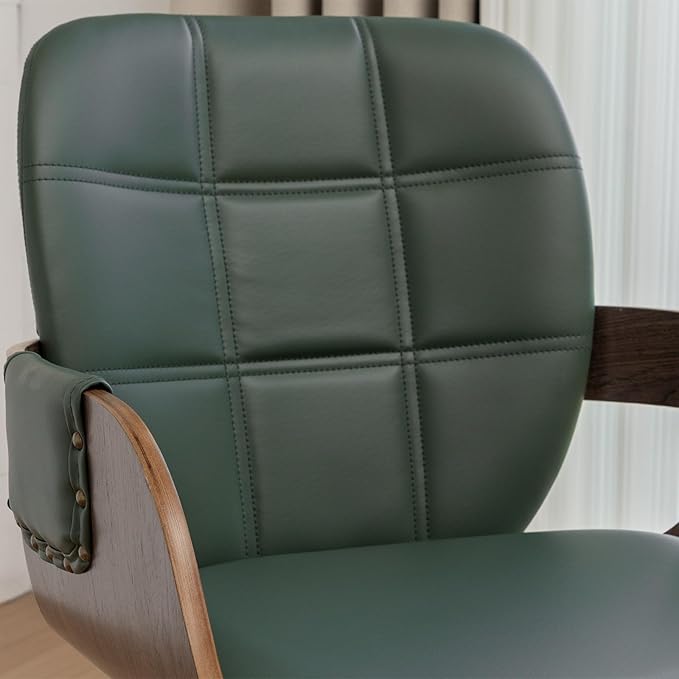 Set of 4 MCM dining Chairs - Swivel Faux Leather Dining Chairs with Arms and Curved Back, Bentwood Structure, Walnut Craftsmanship, Versatile for Kitchen/Restaurant/Conference Room (Walnut Green)