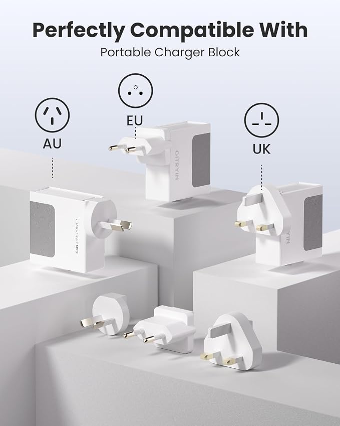 Gitryin Portable USB C Charger Block with 3 Pack Type C/G/I Detachable Attachments for Travel Use 40W Charging Block with 33.5in Type-C Cable
