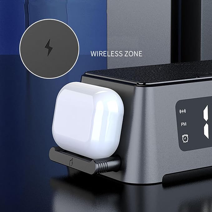 6 in 1 Wireless Charging Station with Alarm Clock Time Temperature Display Wireless Charger for Phone Headphone Smartwatch