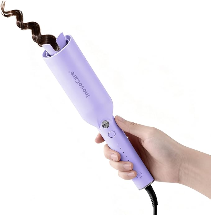 Inovocare Upgraded Automatic Rotating Curling Iron - CurlPro Plus Long Barrel Curling Wand for Long Hair, Ceramic Hair Curler for Women, Anti-Scald, Tangle-Free, 600M Ionic, Dual Voltage (Lavender)