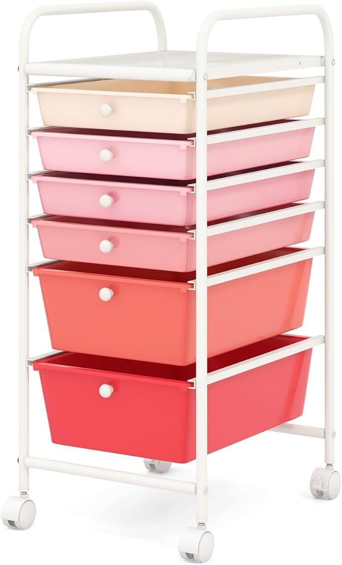 COSTWAY 6-Drawer Rolling Storage Cart, Multifunctional Art Craft Tools Organizer on Wheels, Heavy Duty Utility Mobile Storage Trolley w/ 2 Lockable Wheels for Home Office School, Mixed Pink