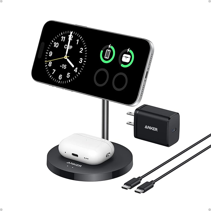 Anker MagGo 2-in-1 MagSafe Compatible Qi2 15W Wireless Charging Stand | Qi2 Certified Fast Charging Wireless Charger for iPhone 17 AirPods Pro and More (Black 40W Adapter Included)