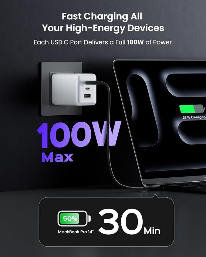 100W USB C Wall Charger 3-Port PPS PD 3.0 Compact Foldable Wall Charger Block Fast Power Adapter for MacBook Pro/Air Dell XPS iPad Pro iPhone 17/16/15 Galaxy S25/S24 (Black)