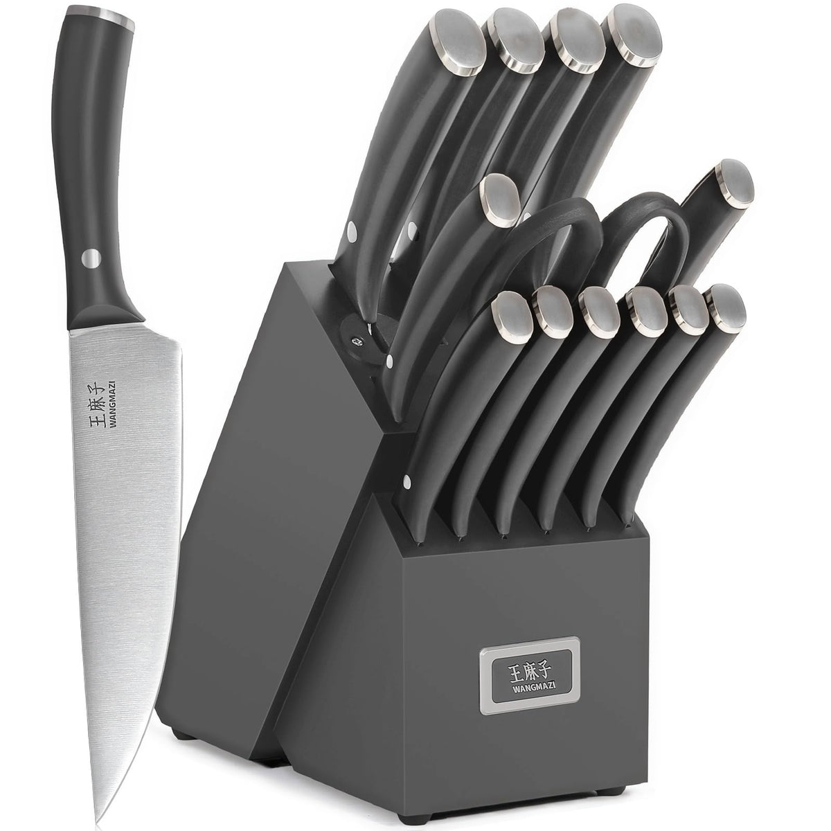 WANGMAZI 15‑Pcs Knife Block Set, High Carbon Steel, Natural