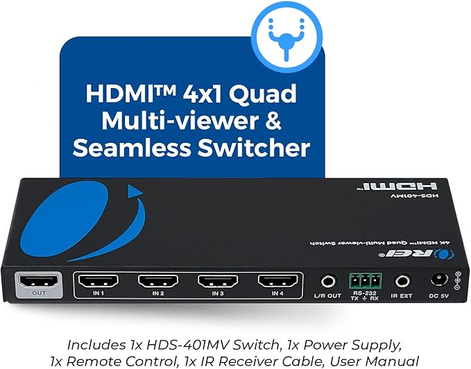 OREI Quad Multi HDMI Viewer 4 in 1 Out HDMI Switcher 4 Ports Seamless Switcher and IR Remote Support 4K @ 30Hz 1080P for PS4/PC/DVD/Security Camera, VGA Output - HDS-401MV