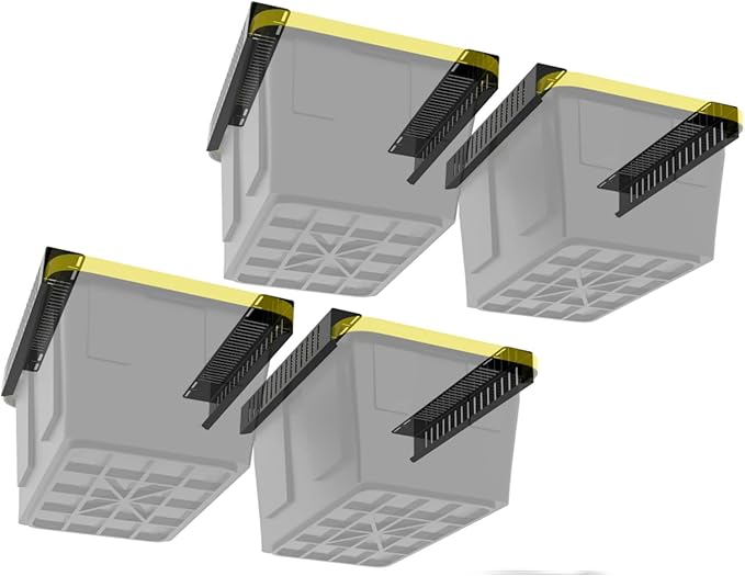 Overhead Bin Rack - Ceiling Mount Overhead Garage Storage Rack | Adjustable Width and Orientation | Heavy Duty Ceiling Bin Storage Rails | Fits Black & Yellow Storage Bins | USA Designed (4 Bins)
