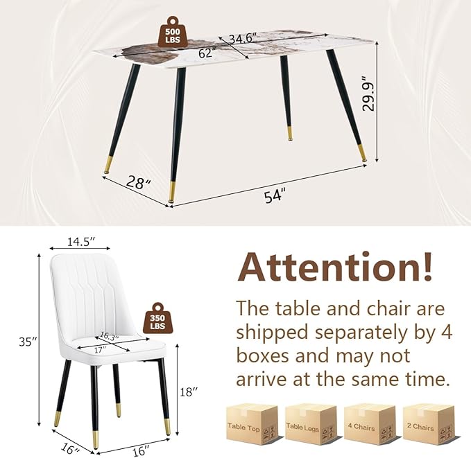 Modern Dining Set for 6, Sintered Stone Table Top, White Chairs, 62'' W x Unknown H x D, Dining Room