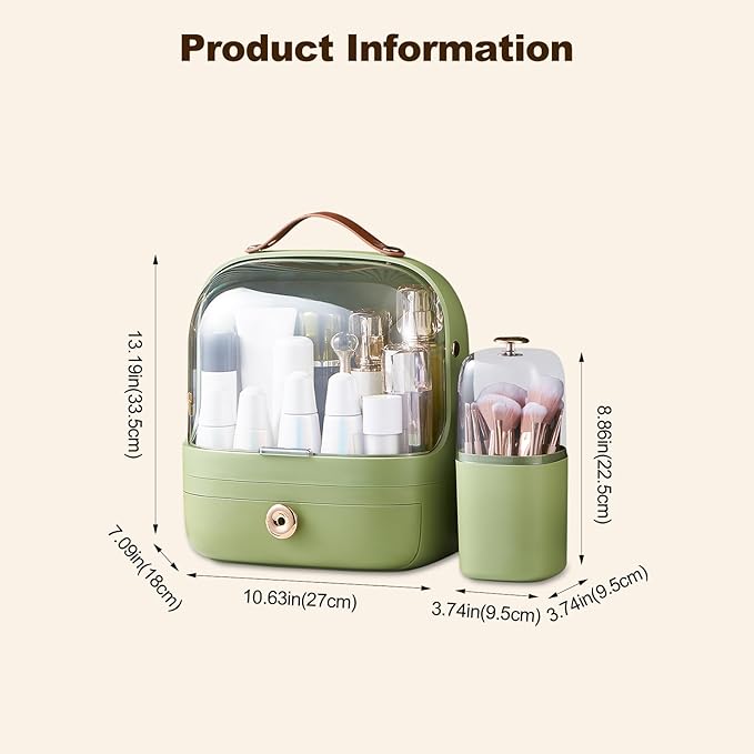 Ergocar Make Up Case Dustproof Cosmetics Skin Care Products Cosmetic Storage Box, Multi-Function Jewelry Organizer Case - Green + Brush Holder