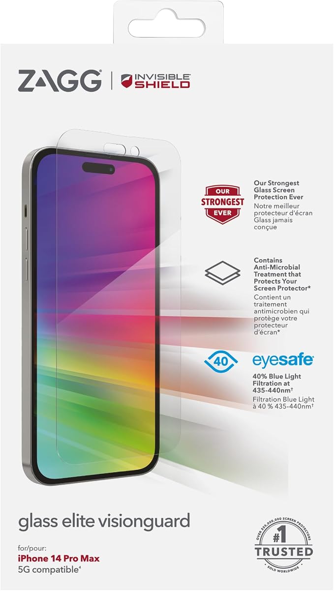 ZAGG InvisibleShield Glass Elite VisionGuard Screen Protector for iPhone 14 Pro Max Shockproof Scratch Resistant Blue-Light Anti-Microbial (Clear)