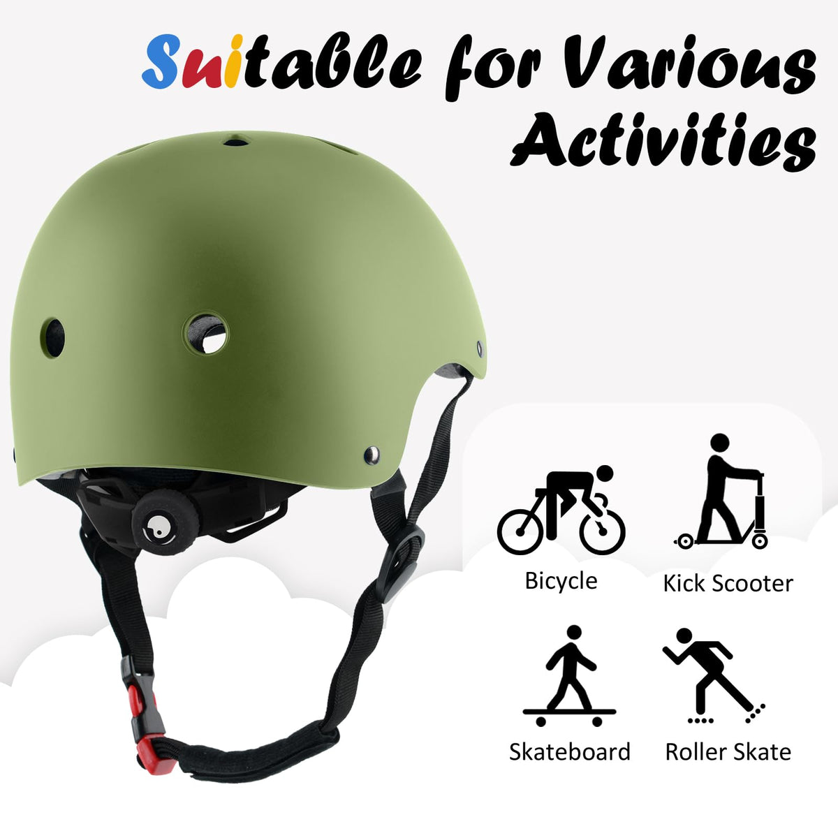 Kids Bike Helmet, 3 Sizes from Toddler to Youth, Olive, Medium