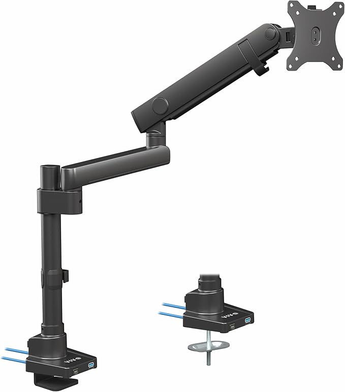 VIVO Premium Aluminum Full Motion Single Monitor Desk Mount Stand with Lift Engine Arm, Pole Extension, and USB Ports, Fits Screens up to 40 inches, STAND-V101BDU