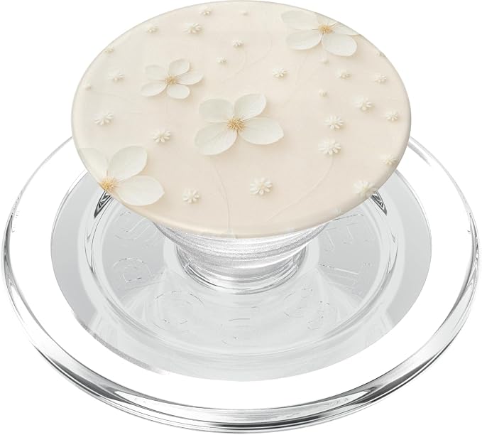 White Cream Floral Illustration Print PopSockets PopWallet for MagSafe