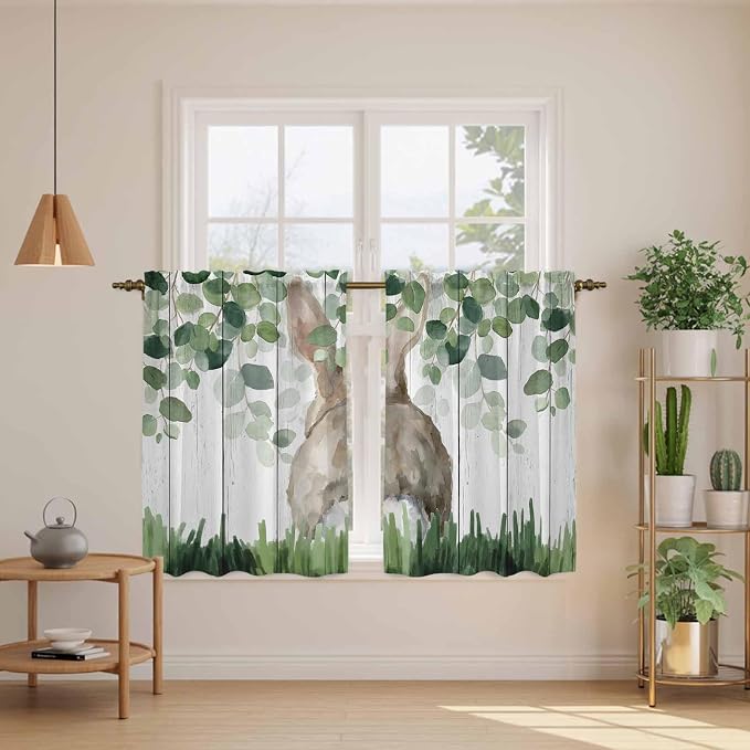 Easter Kitchen Curtains, Country Rabbit Botanical Leaves Wooden Grain Light