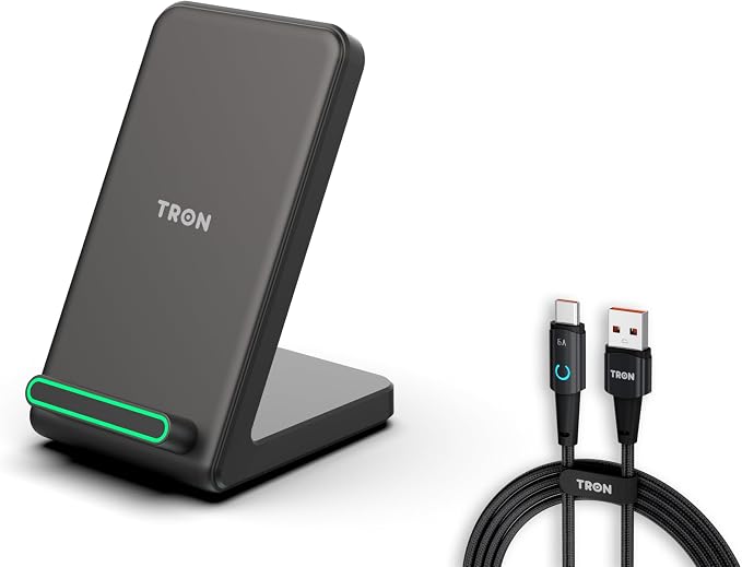 TRON Wireless Fast Charging Stand 15W Induction Charger with LED Light 6FT Cable – Compatible Android S24/S23/S22/S21/S20 Note 20/10 iPhone 17/16/15/14/13/12 (TR66)