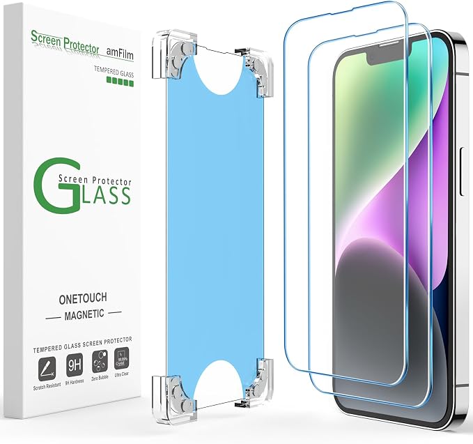 amFilm 2 Pack Magnetic OneTouch Compatible with iPhone 13 Pro Max 6.7/ iPhone 14 Plus 6.7 Screen Protector Tempered Glass Full Coverage with Easy Installation Kit (Magnetic &amp Reusable)
