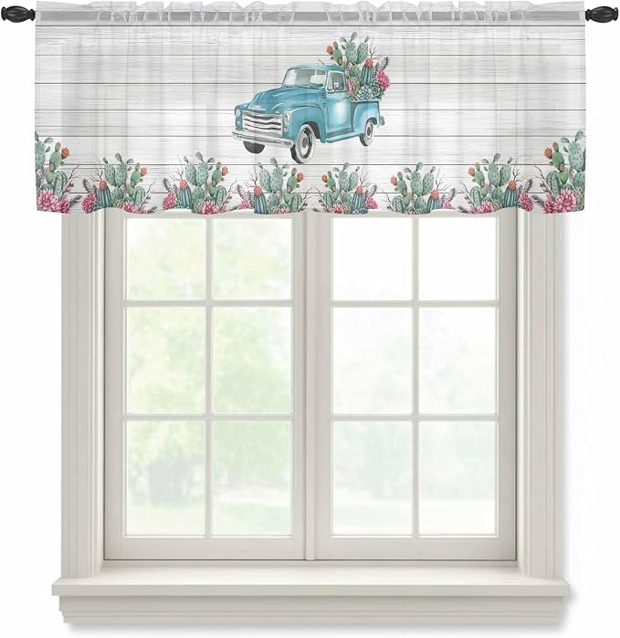 Farmhouse Sheer Valance Curtains, Summer Blue Car