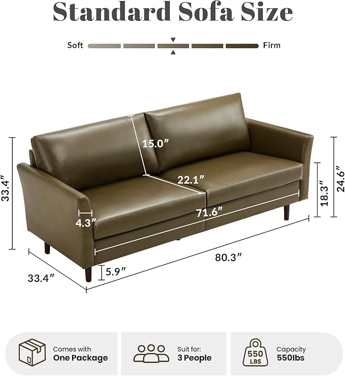 Kingfun Faux Leather 3 Seat Couch for Living Room, Mid Century Modern Sofa with Rolled Arms and Deep Seats, Fluffy Comfort for Apartment, Easy to Assemble, Olive Green