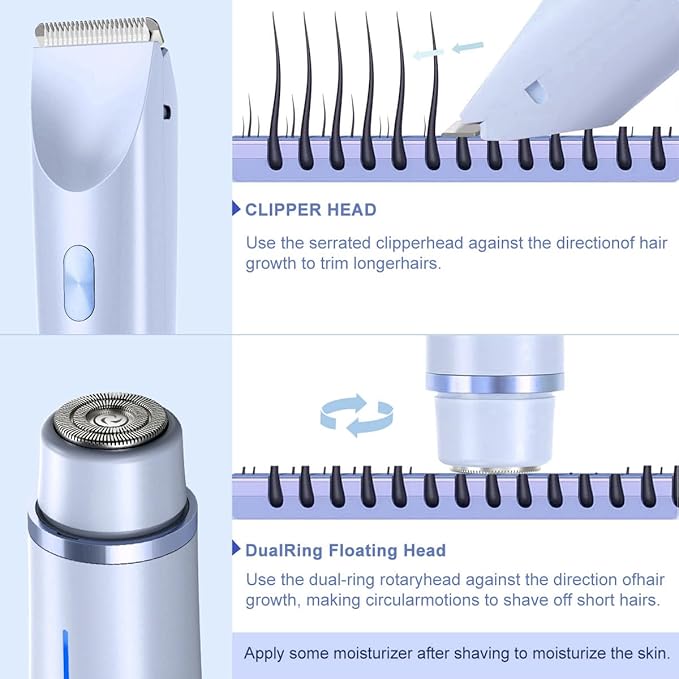 Bikini Trimmer for Women 2 in 1 Dual Head - IPX7 Waterproof Painless Electric Razors for Beauty, Pubic Hair, Face, Legs & Underarms– Portable Cordless Shaver with Fast Charging, Easy Cleaning (Blue)