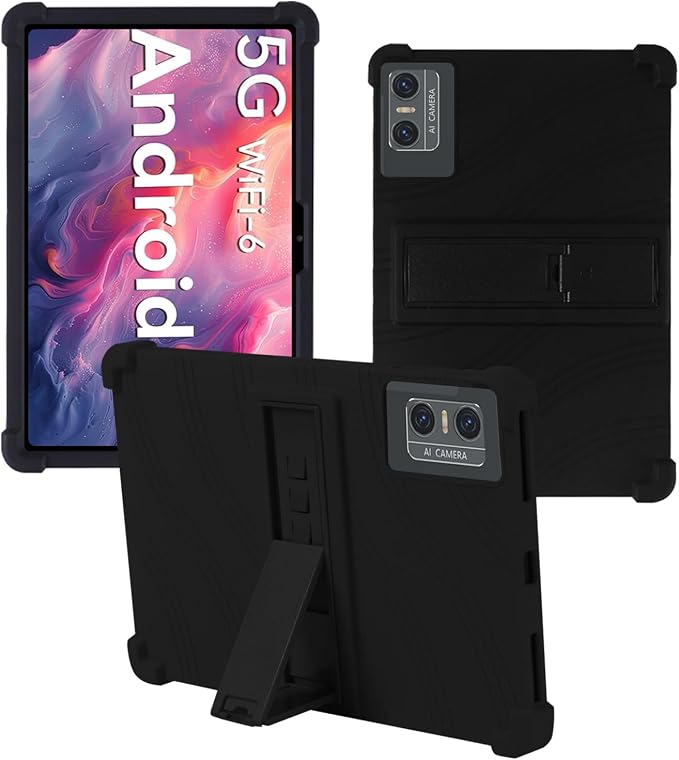 Case for DOMATON D105 Android 14 Tablet 2025 Tablets 10 inch，WUNIAK Shock Proof Lightweight Stand Rubber Shell Protective CoverKids Friendly Soft Silicone Adjustable Stand CoverBlack