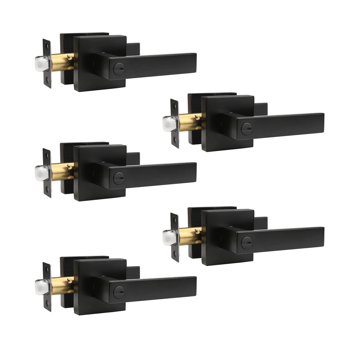 Brotima 5 Pack Matte Black Door Handles Privacy Door Levers, Heavy Duty Bed and Bath Door Locks Interior Keyless Locksets, Reversible Flat Levers with Square Rosette