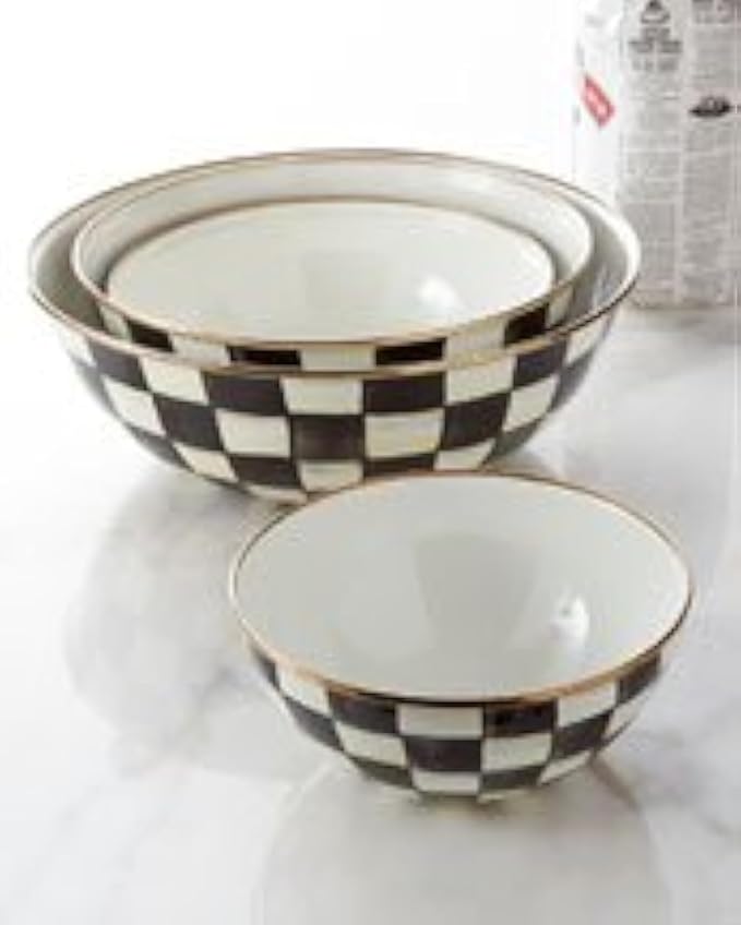 MACKENZIE-CHILDS Enamel Everyday Bowl, Serving Bowl for Entertaining, Small, Black-and-White Courtly Check, Set of 1