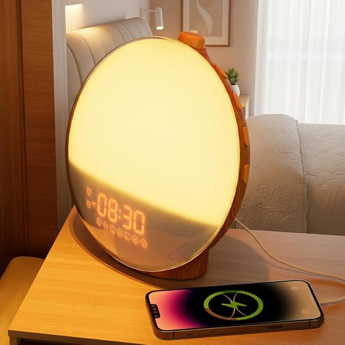 Dekala Sunrise Alarm Clock Wood Grain, FM Radio, Wake up Light Sunlight Sunset Lamp, 7 Nature Sounds, Dual Alarms, Colorful Ambient Lamp, Bedrooms Decor, Snooze for Heavy Sleepers, Kids & Adults