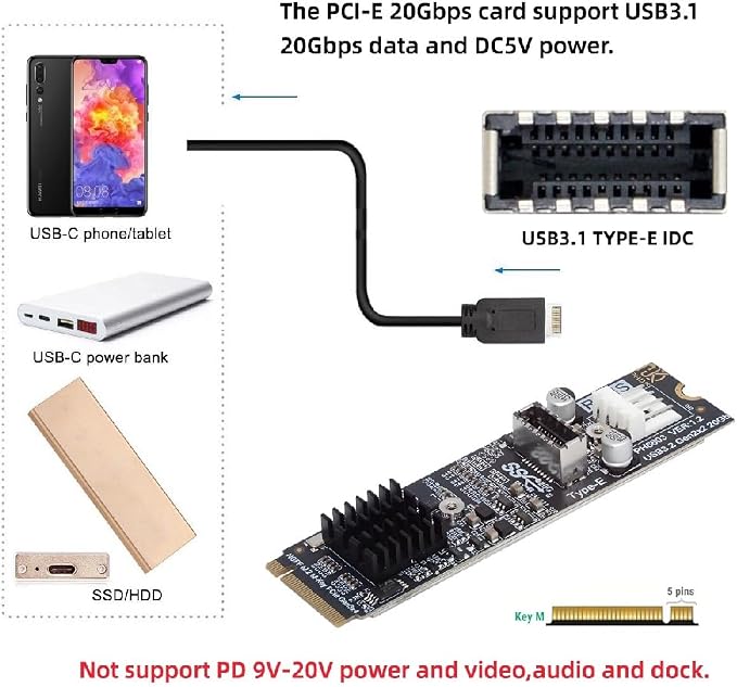 cablecc 5Gbps Type-E USB 3.1 Front Panel Socket &amp USB 2.0 to NVME NGFF M-Key Express Card VL805 Adapter for Motherboard