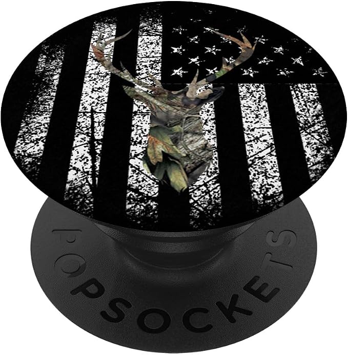 Deer Buck Hunting USA Flag Brown Camouflage Black PopSockets Adhesive PopGrip