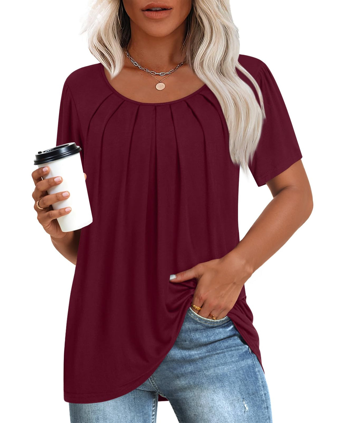 Anymeet Burgundy Shirts for Women Ladies Spring Summer Tunic Casual Short Sleeve Pleated Tee Comfy Blouse Flowy Tops X-Large