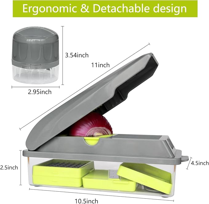 LHS Veggie Chopper with Container, 9 in 1 Manual Food Chopper Cutter, Grey