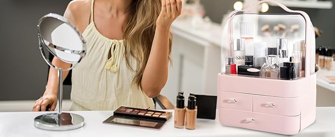 Nervure Pink Makeup Organizer - Cosmetic Storage Box with Lid - Makeup Organizer Storage Drawersr with Dust Free Cover and Portable Handle for Bathroom Countertop & Dresser & Gift