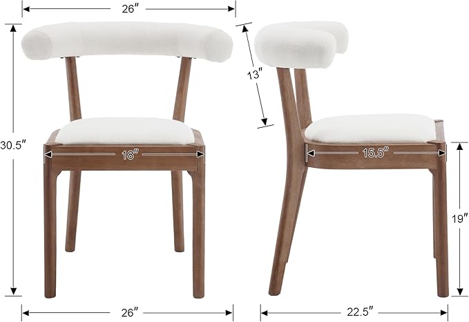Kmax Dining Room Chairs Mid-Century Modern Fabric Kitchen Chairs with Natural Walnut Finished Frame, Linen Curved Back, Set of 2, White