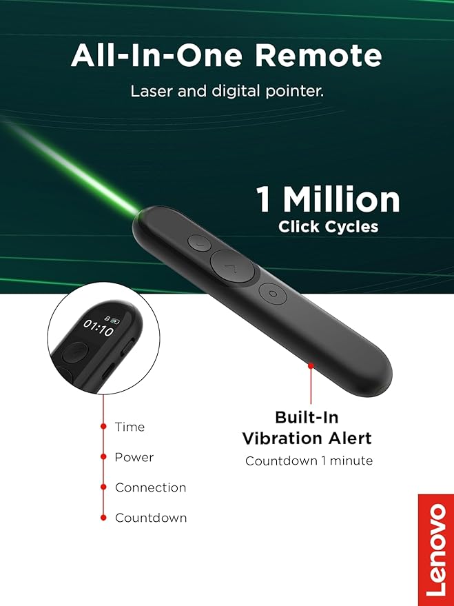Lenovo Laser Rechargeable Presentation Remote, Bluetooth & USB, Digital & Laser Pointer, LCD Screen, Rechargeable Battery, 30M Range, Black, 500mm Cable Length