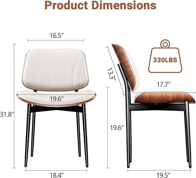 Dining Chairs Set of 2, Dining Room and Kitchen Chairs, Mid Century Modern Accent Chair, Upholstered PU Leather Chairs for Vanity with Walnut Bentwood and Metal Legs, Beige