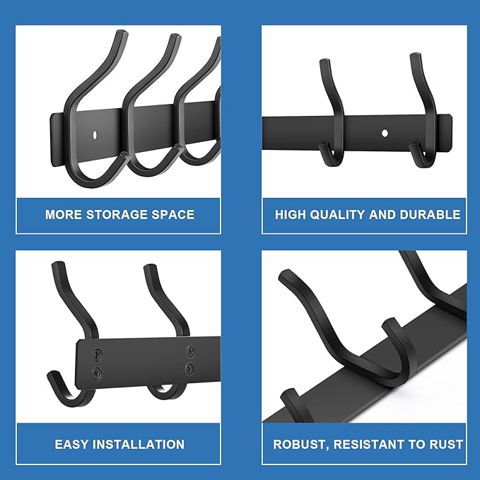 HAMUTH Black Wall Hooks, 17 Inch Coat Rack Wall Mount with 6 Hooks, Wall Hooks Heavy Duty for Hanging Backpack, Bag, Purse, Clothes, Hat, Coat, Towel | Entryway & Bathroom Storage Organization Hanger