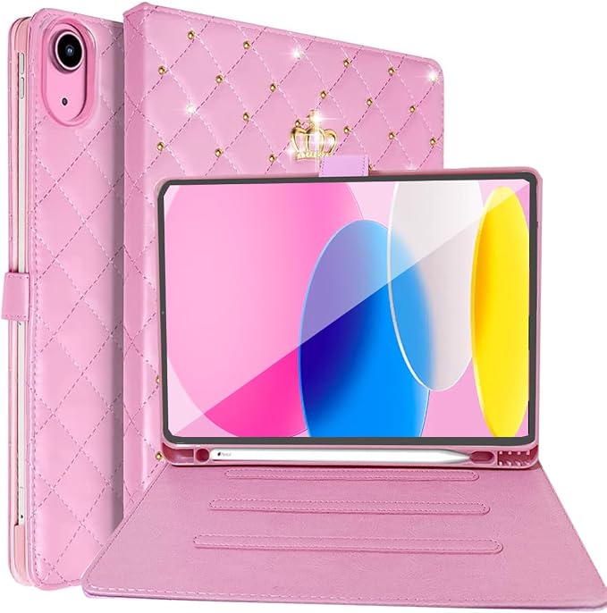 for iPad (A16) 11th Gen 11 Inch 2025/iPad 10th Generation 10.9 2022 Case with Pencil HolderCute Crown Diamond Elegant PU Leather Auto Sleep/Wake Stand Protective Case for iPad 10/11thBlack